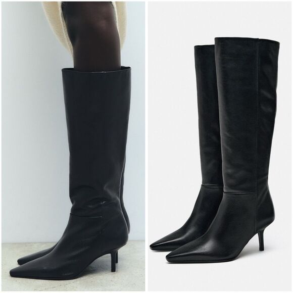 ZARA FINE POINTED TOE HEELED LEATHER KNEE HIGH BOOTS - Picture 1 of 11